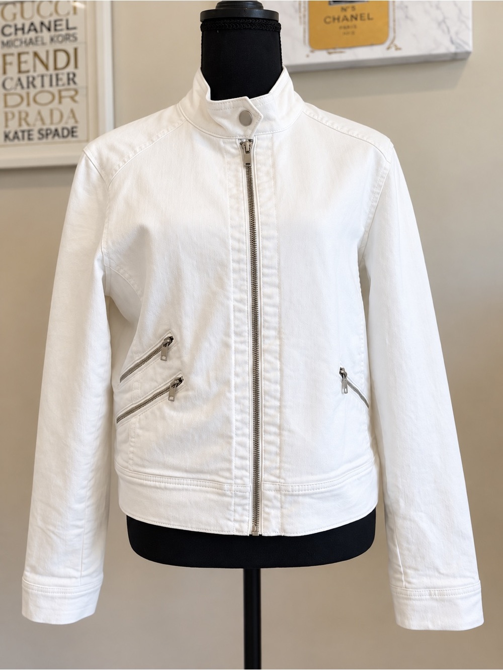 Banana Republic White Denim Moto Jacket Zip Pockets Women’s M